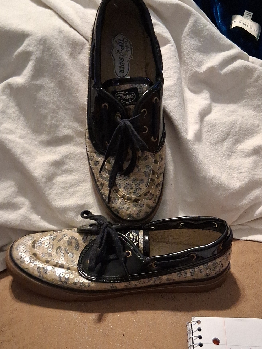 Sperry Sequin Moccasin Boat Shoes in Black and Gold